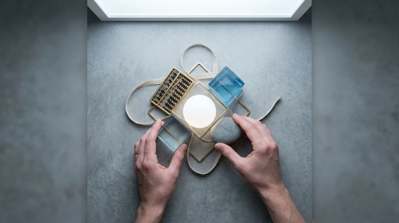 An array of geometric elements representing holistic health: river stone, brass abacus, glass cube, and linen thread, arranged by hands on concrete, symbolizing expanded well-being.
