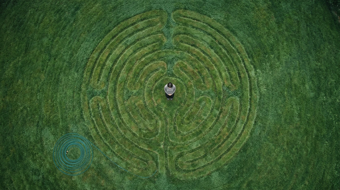 An aerial view of a person standing in a labyrinth garden, symbolizing seasonal self-care and alignment with natural rhythms.