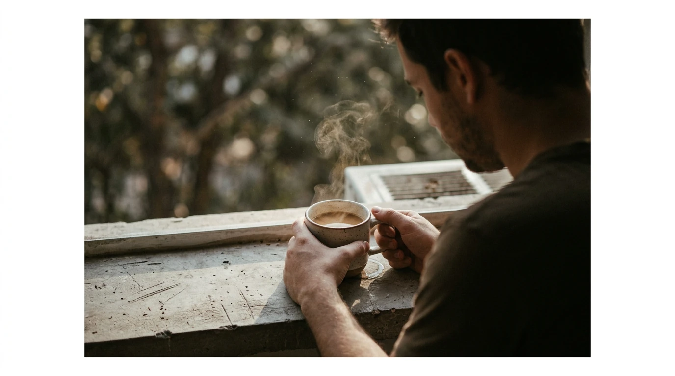 Person observing steaming coffee in a ceramic mug on a concrete windowsill, with morning light highlighting dust motes and a faint air conditioner vent in the background, embodying daily mindful awareness.