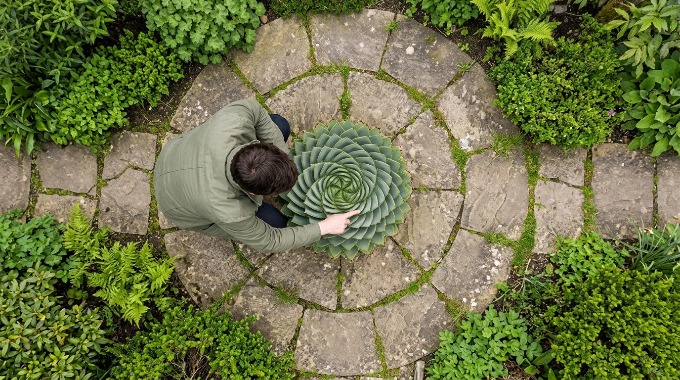 An aerial view of a person gently tracing the spiral patterns of a large succulent plant on a circular stone patio, embodying holistic health's mind-body-spirit connection.