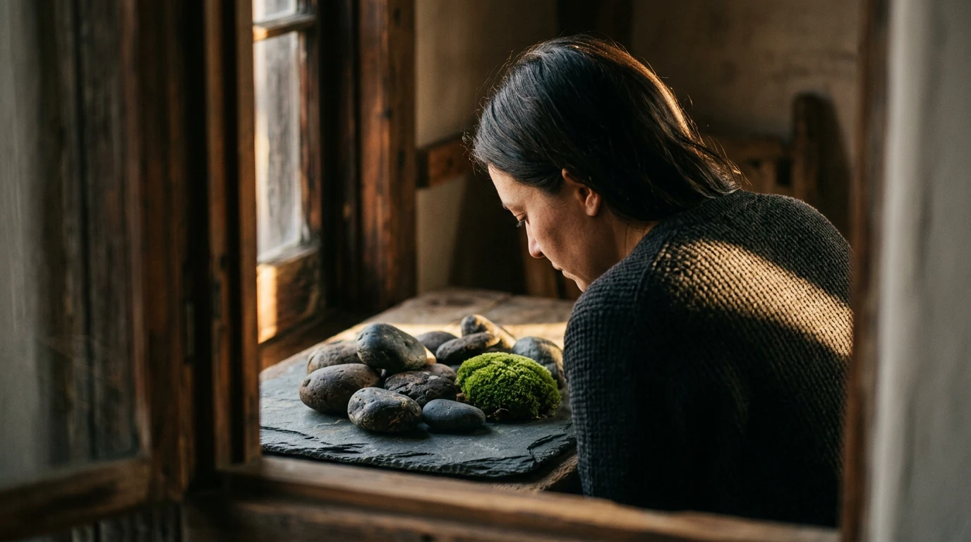 A person observing natural river stones and moss on slate, illuminated by warm golden hour light, symbolizing natural wellness and prevention.